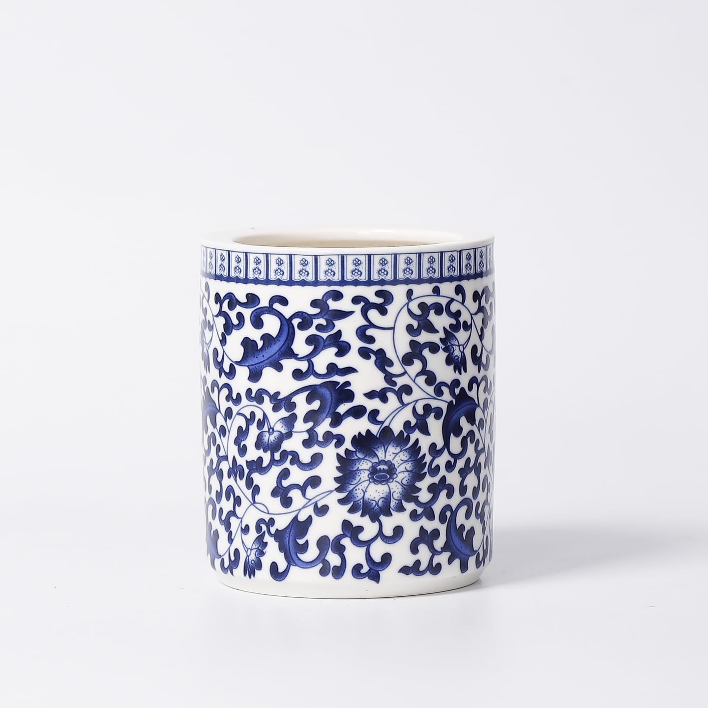 Pot à stylos en céramique bleu et blanc de style rétro