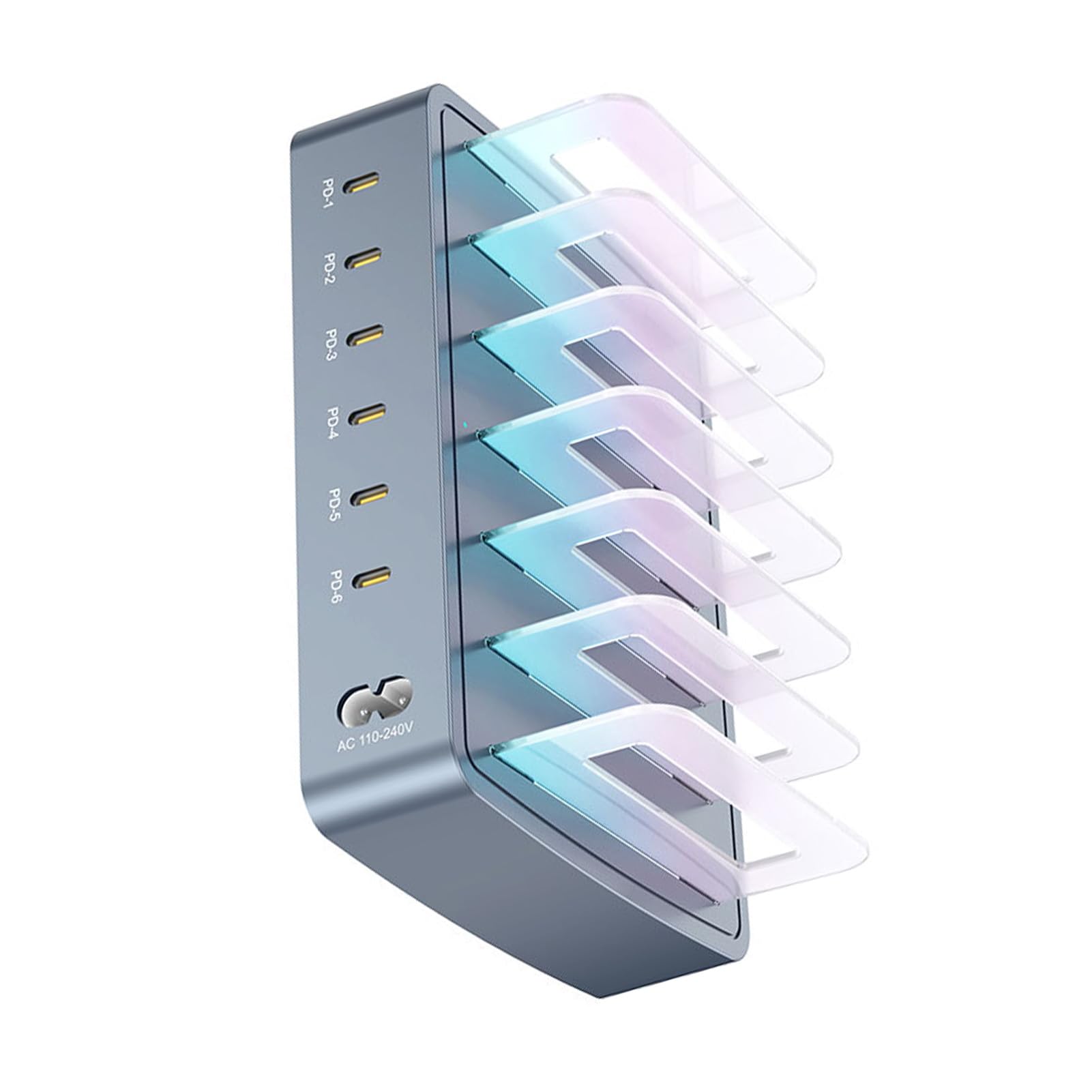Wakects Stazione di Ricarica a 6 Porte Caricabatterie da Tavolo Portatili con Uscita PD da 120 W 6 Porte USB C da 20 W Ciascuna Luce Respiratoria RGB Slot Rimovibili per Viaggi in Ufficio da
