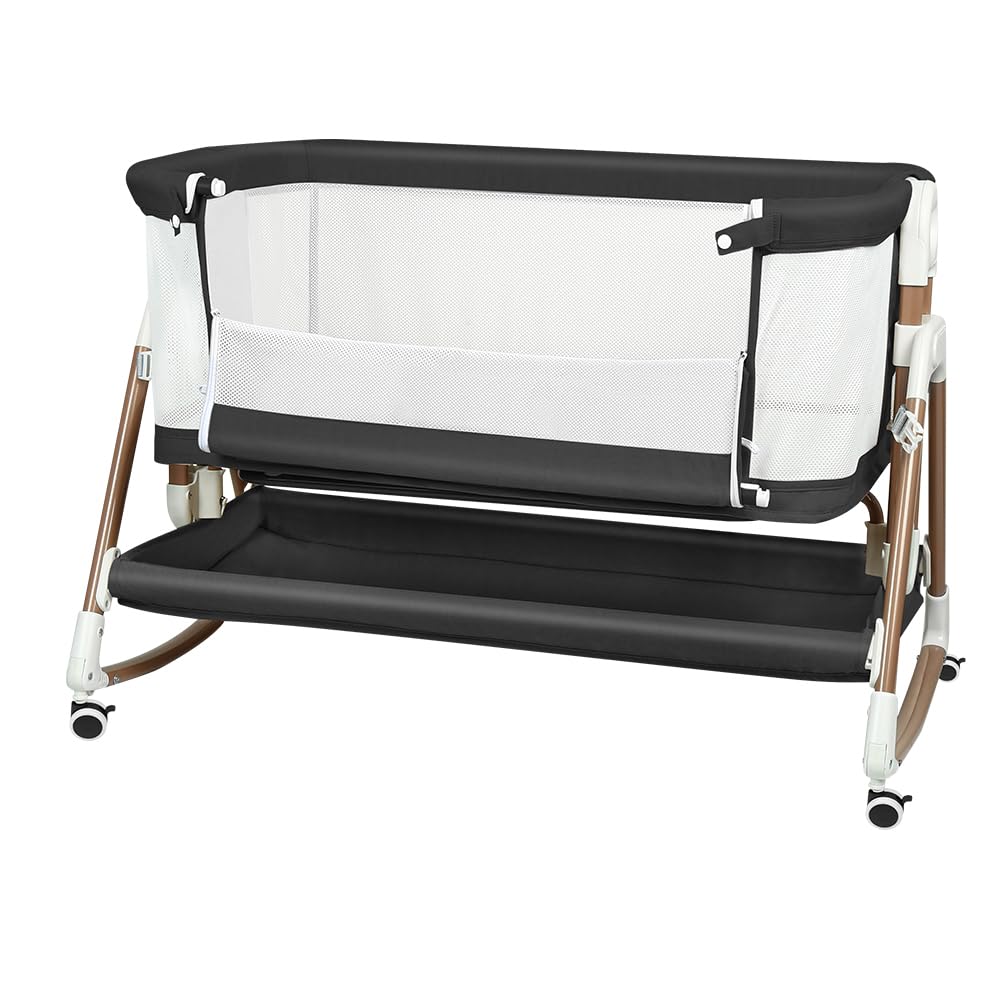 LANTUS Berceau 3 en 1, Lit Cododo, Berceau à Inclinaison, Hauteur réglable sur 6 Niveaux(50-75cm(50-55 - 60-65- 70-75)), jusqu'à 50kg, Roues 360º, Moustiquaire, 90 x 60 x 90-115 cm – Noir + Or