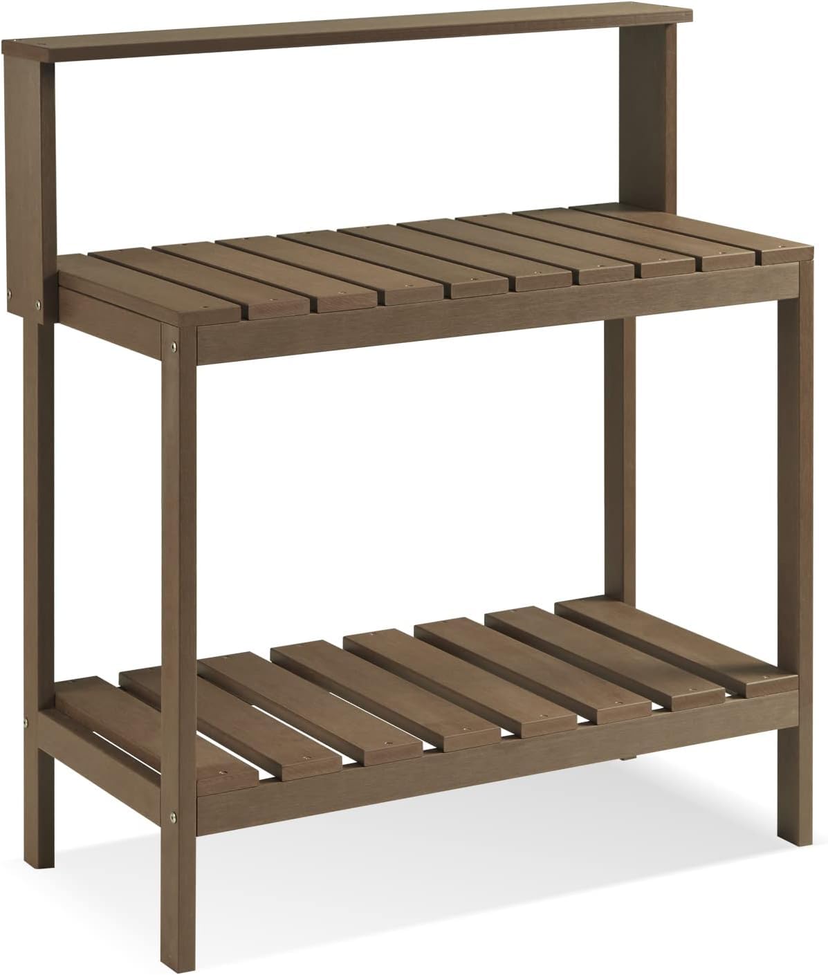 Efurden Mesa de banco para macetas, mesa para macetas al aire libre hecha de madera de polietileno, mesa de jardinería y estación de macetas, color marrón