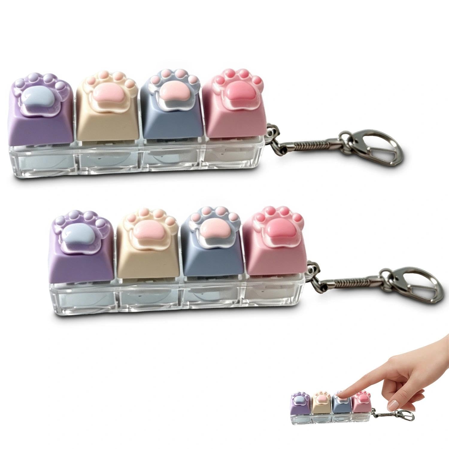 2Pcs Keyboard Fidget, Colorful Cat Paw Fidget Keyboard with Keyring, Funny Stress Relief Clicker Fidget Keychain for Adults Home Office School