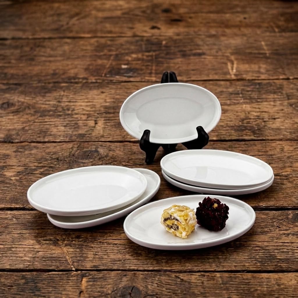 Deconox 6'lı Porselen Küçük Boy Oval Tabak Seti - Minimalist Beyaz Sunum Tabağı Kahvaltılık Mezelik ve Sosluk Servis Takımı (16 x 9,7 x 2,2 cm)