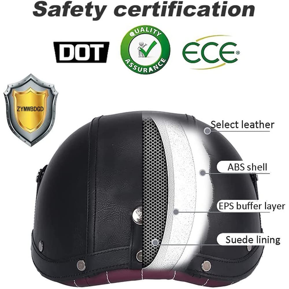 Casco De Motocicleta Retro, Medio Casco,Certificación Dot/ECE, Gafas De Sol Integradas,Material ABS Y Cuero PU,Orejeras Extraíbles, Forro Transpirable,Con Gafas C,M