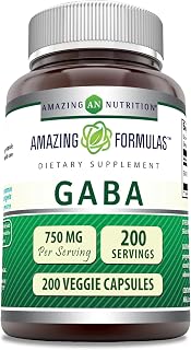 Amazing Formulas GABA 750mg Per Serving Veggie Capsules Supplement | Non-GMO | Gluten Free | Made in USA | Ideal for Vegetarians (200 Count)
