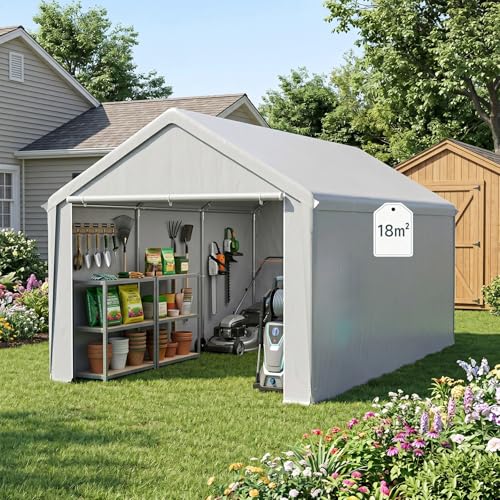 YARDIN Lagerzelt Carport 3x6 m in Grau Gerätezelt wasserdicht Gartenhaus Stahlrahmen verzinkt Garten Aufbewahrung Zelt Unterstand für Auto Motorrad Lager Garten
