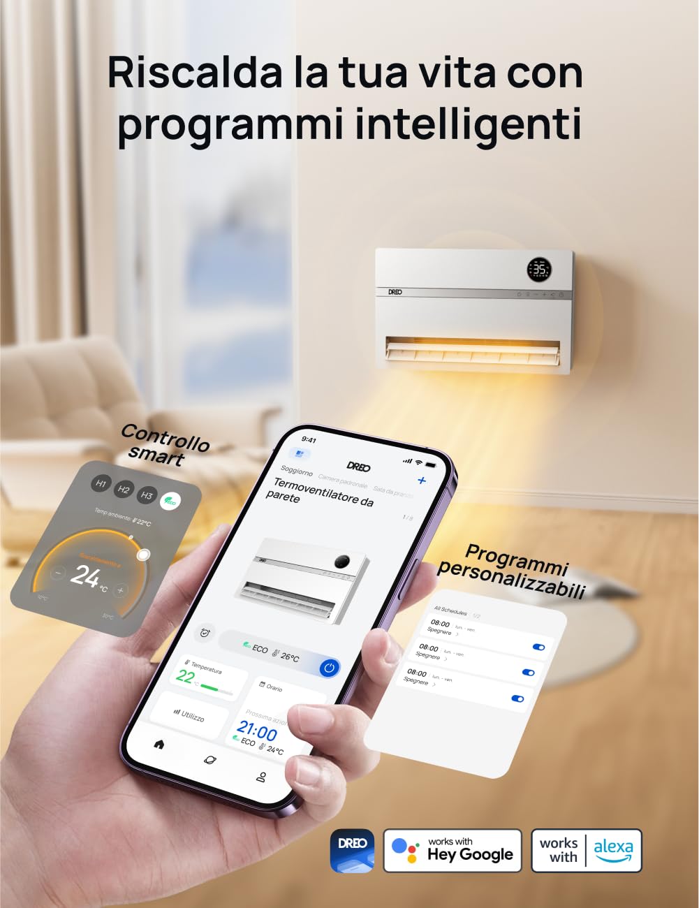 Dreo Radiateur mural intelligent, chauffage électrique pour chambre, oscillation verticale 120°, thermostat réglable, télécommande, minuterie 24h, installation facile, compatible Alexa, WH719S