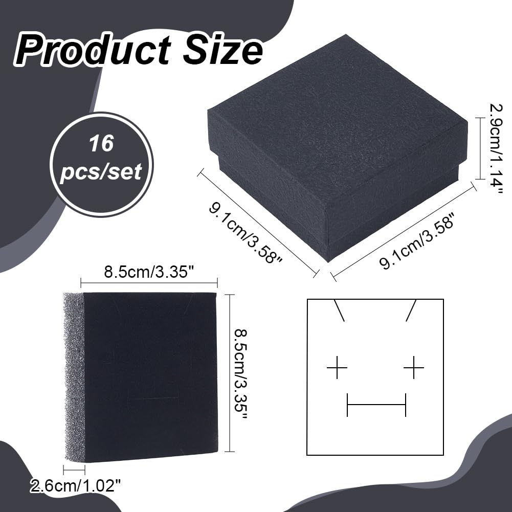 nbeads 16 Stk. Textur Papier Schmuck Geschenk Boxen, 9.1x9.1x2.9cm Schmuck Aufbewahrungsbox mit Schwamm Matte Geschenkboxen mit Deckel Verpackungsboxen für Ring Halskette Armband, Schwarz