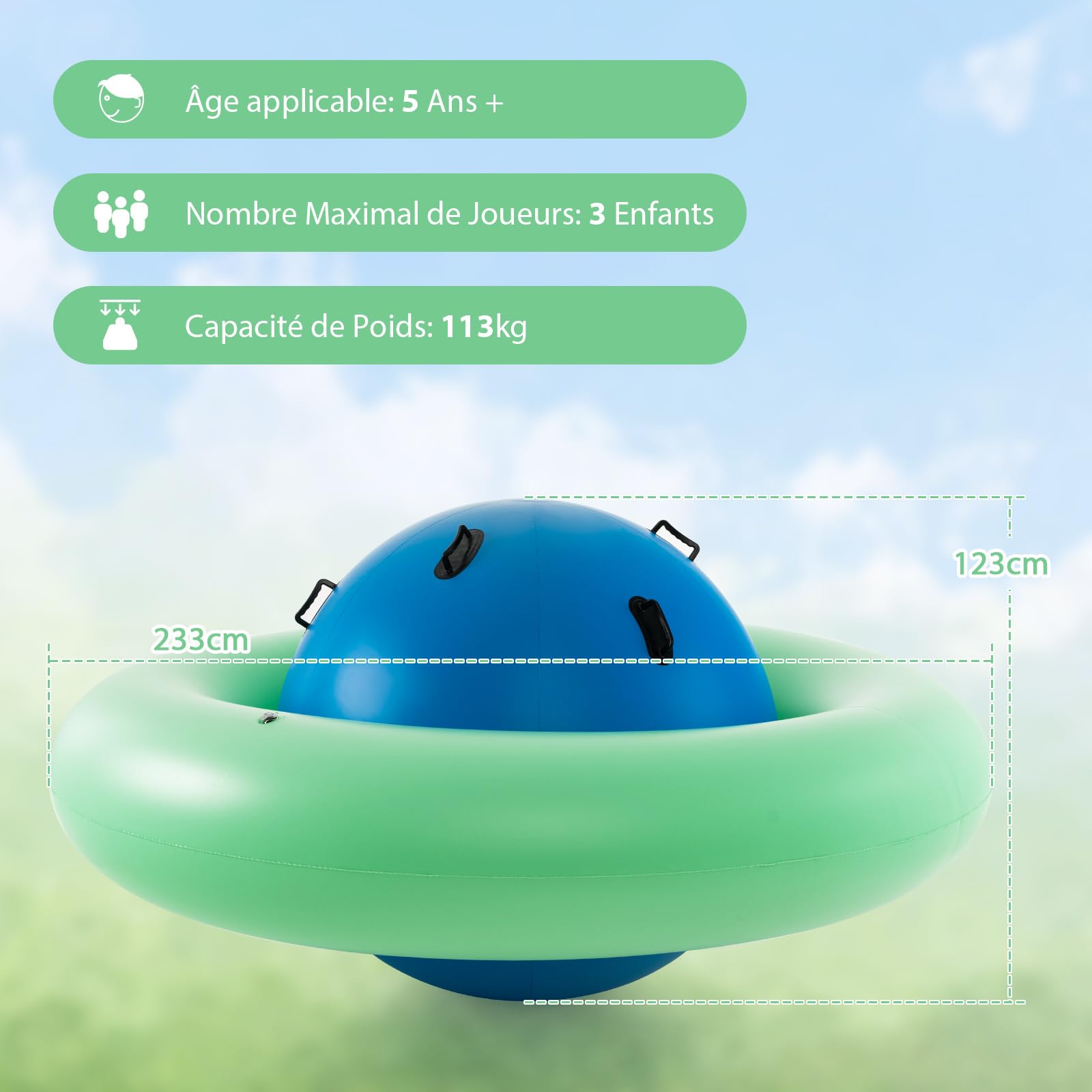 COSTWAY Balle Gonflable Enfants Ø233cm avec 6 Poignées, Château Gonfable en PVC avec Surface Élastique, Balle Rebondissante Intérieur Extérieur pour 3 Enfants de 5 Ans+, Charge 113kg (Bleu+Vert)