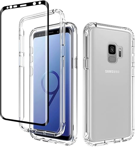 Gufuwo Funda para Galaxy S9, Samsung S9 SM-G960U con protector de pantalla de vidrio templado, transparente 360 protección de cuerpo completo,