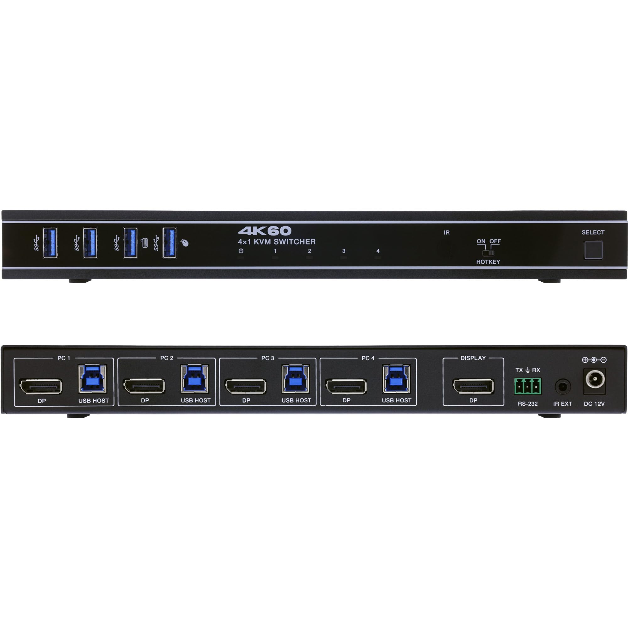 Inline DisplayPort KVM Switch 4 Porte 4K 60Hz DP 1.4a USB RS232 | 4 computer tramite una postazione di lavoro, 4K 60 Hz, USB KVM, hotkey, controllo IR e RS232, alloggiamento in metallo