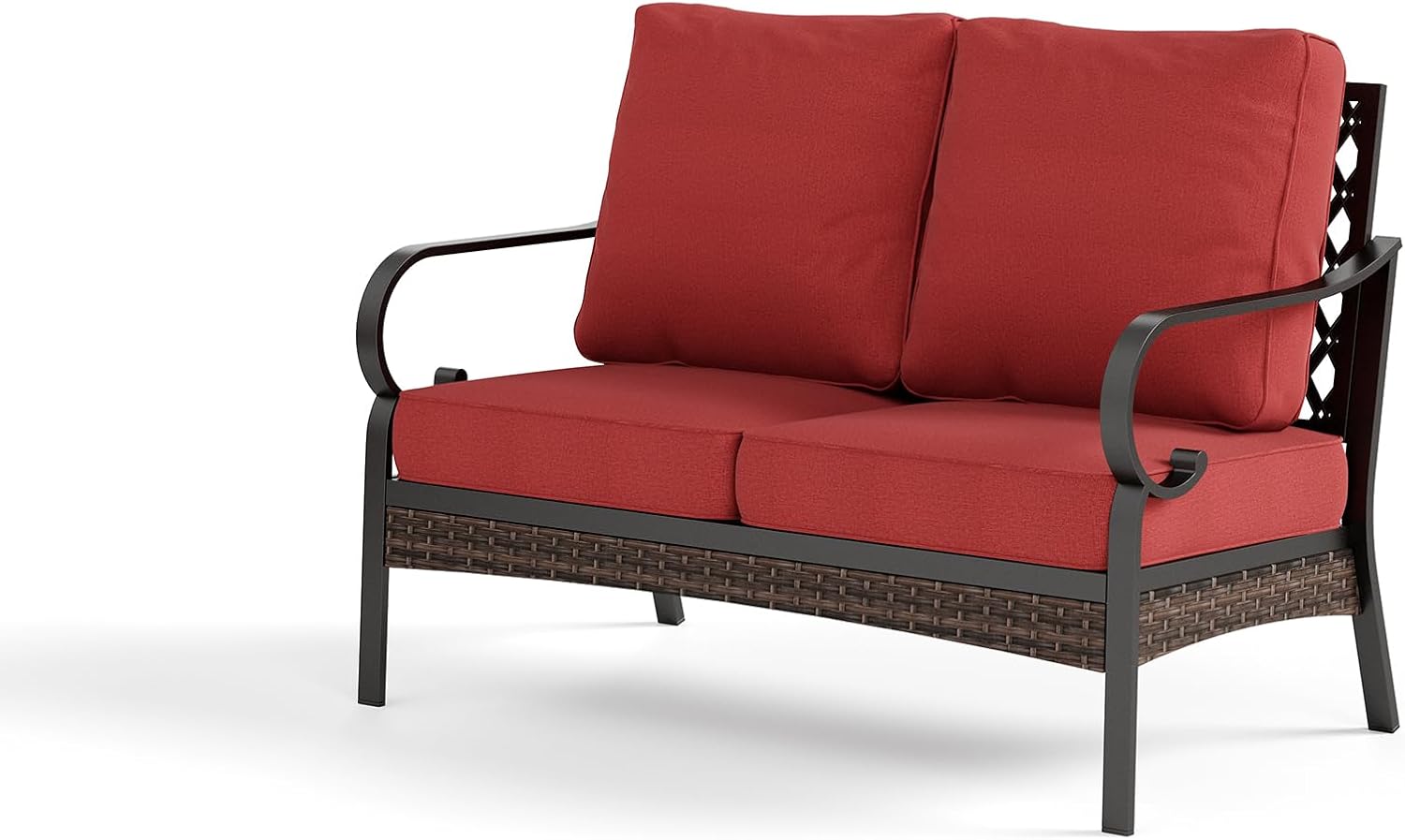 Metal Patio Loveseat with 5.75" Extra Thick Waterproof Cushion, 2-Seater Deep Seating & High-Back Black Outdoor Couch All Weather Outdoor Seating Furniture for Porch Porch, Rust Red