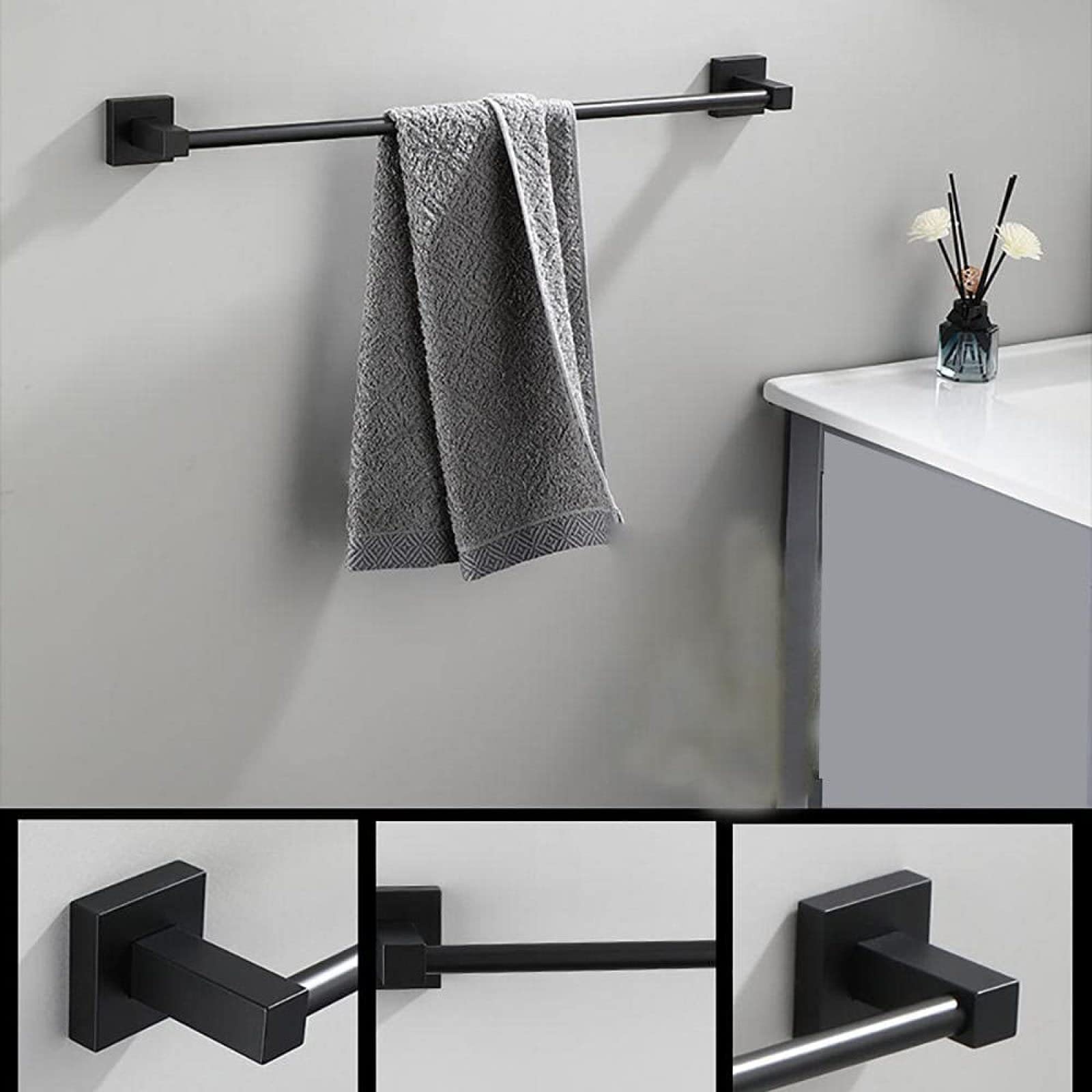 Naścienny wieszak na ręczniki, aluminiowy uchwyt na ręczniki łazienkowe, konstrukcja bez wiercenia, 80 cm, eleganckie czarne wykończenie dla łatwej instalacji, idealny do dekoracji domu