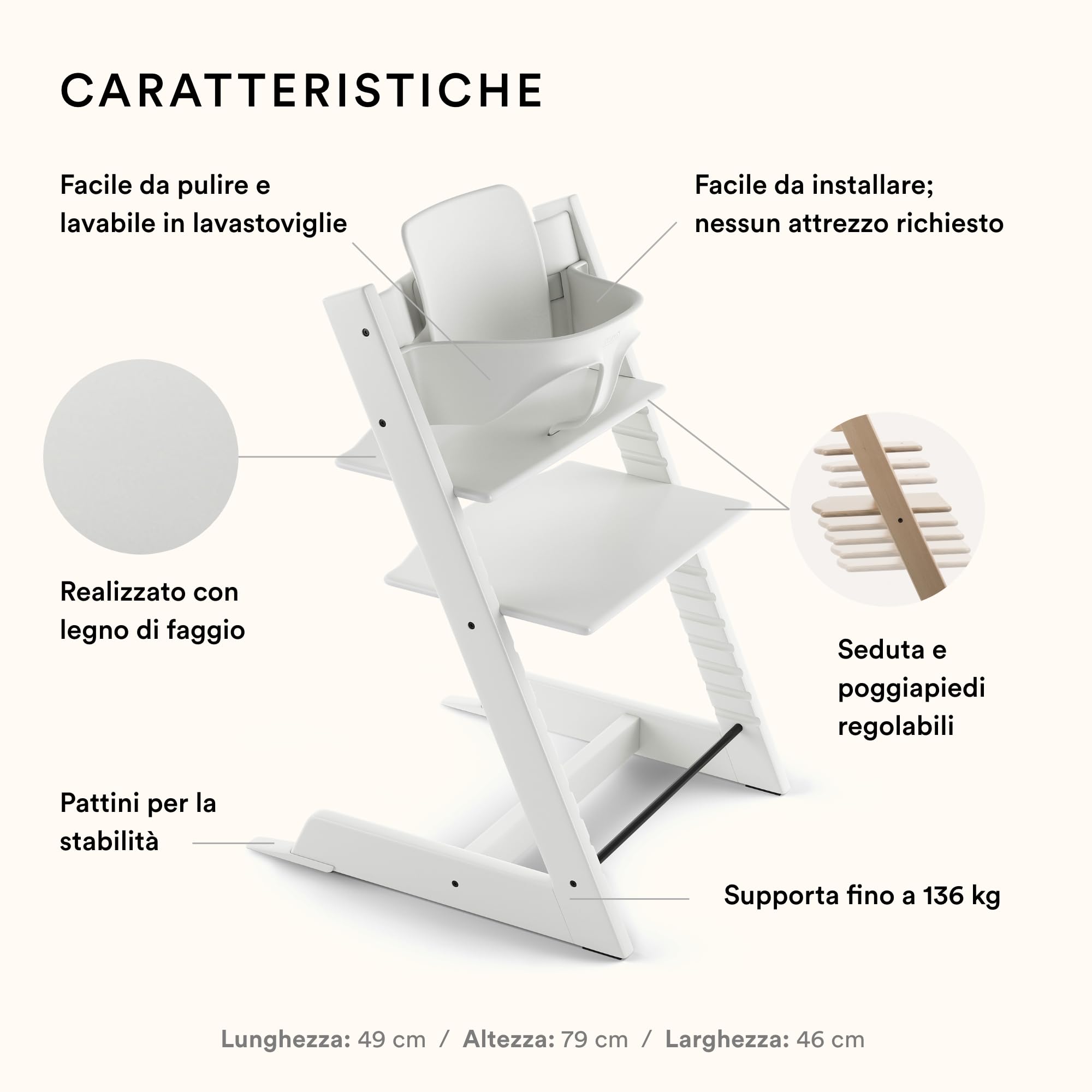 Seggiolone Tripp Trapp di Stokke con Baby Set, White - Sedia regolabile ed evolutiva per bambini e adulti - Design ergonomico e classico
