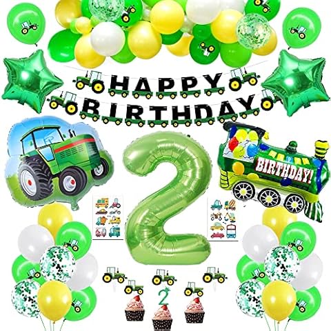 2nd Birthday Decorations Boy,Tractor Party Birthday Decorations Boys,Tractor Balloon Farm Theme Party Supplies,Tractor Birthday Banner Cake Toppers Train Foil Green Confetti Balloon 2nd 2 Birthday Boy Cover