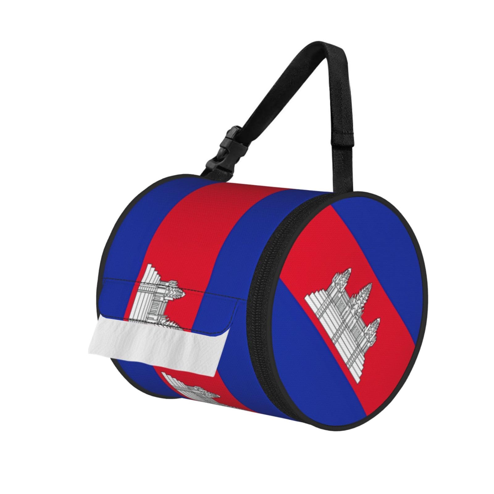 Cambodia Flag Print Round Paper Tissue Holder With Shoulder Strap, Portable Roll Case For Caravan Travel Use