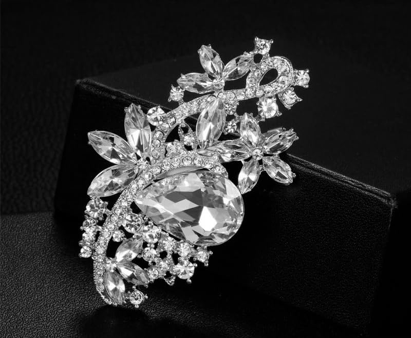 Image of Wedding Bridal Big Crystal Rhinestone Bouquet Brooch Pin for Women (silver tone-white)