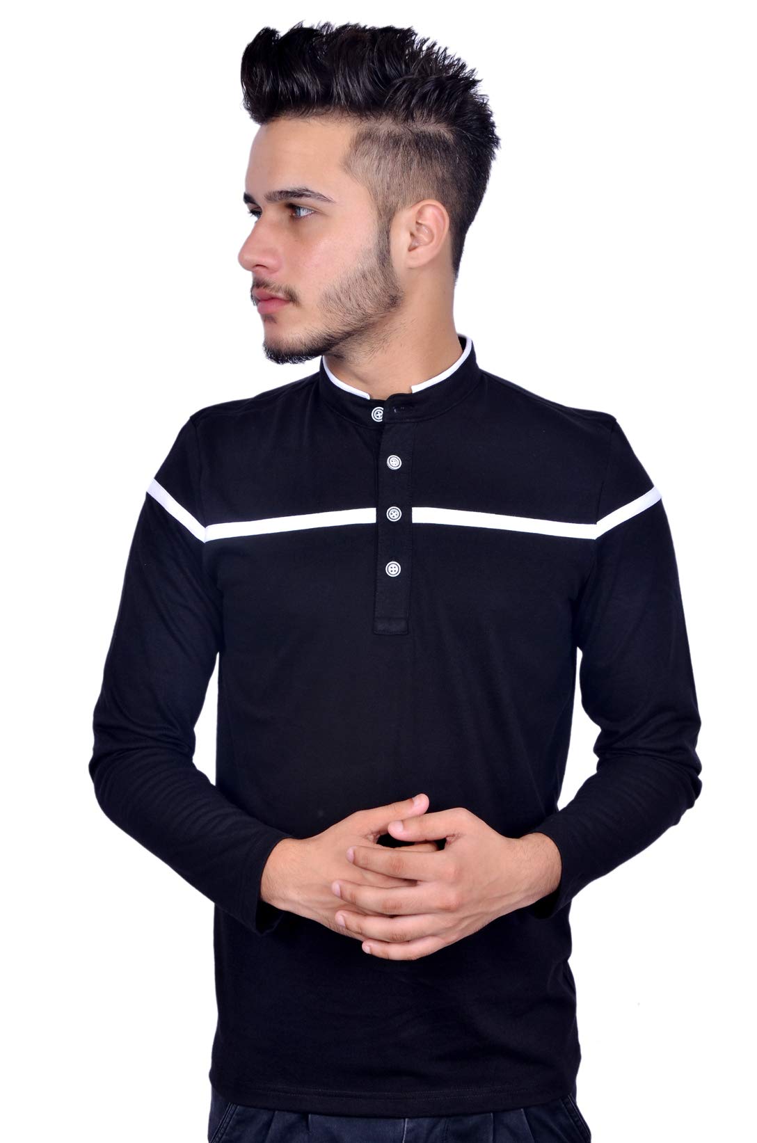 PEAK MOUNT Solid Men Mandarin Black and White Full Sleeve Tshirt