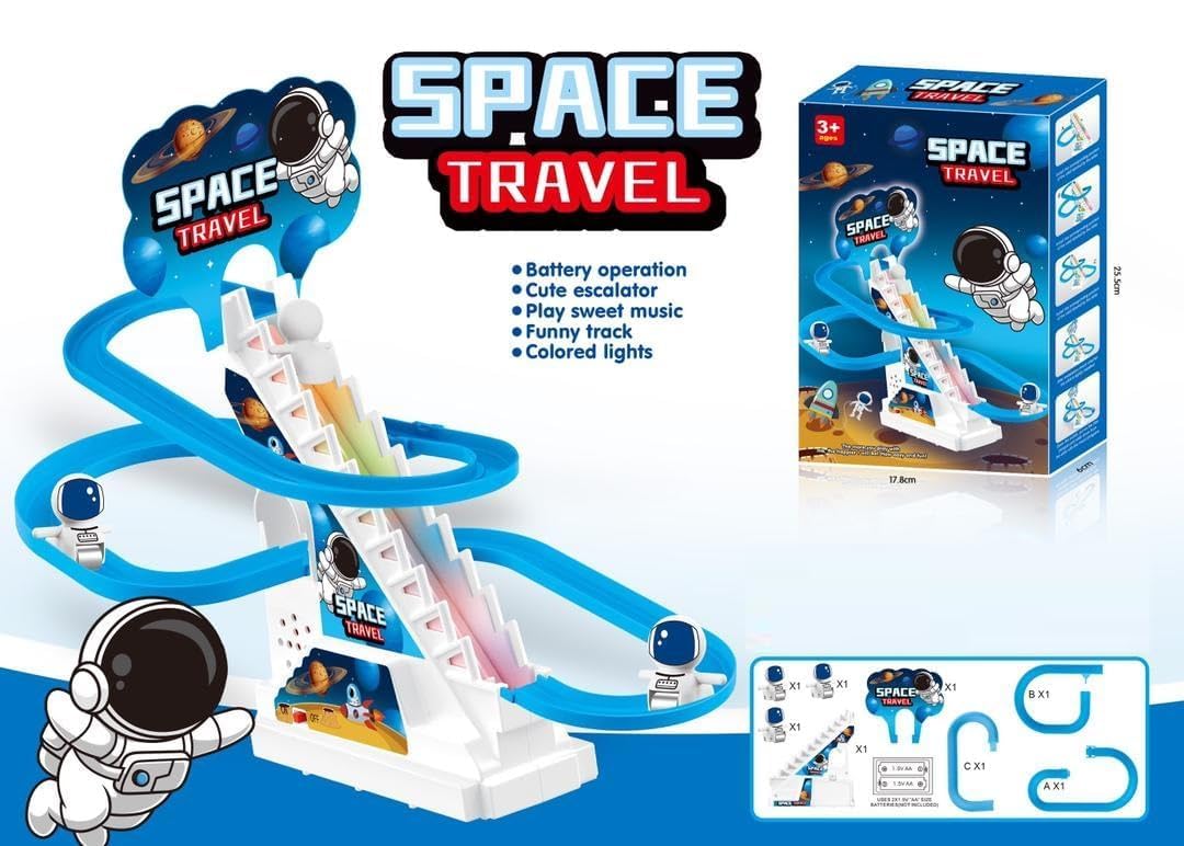 WireScorts Space Travel Music Track Toy with Climbing Stairs, Flashing Lights & Music I Battery Operated Slide Toy for Kids 3+ Years I Fun Spiral Track Playset for Boys & Girls 3