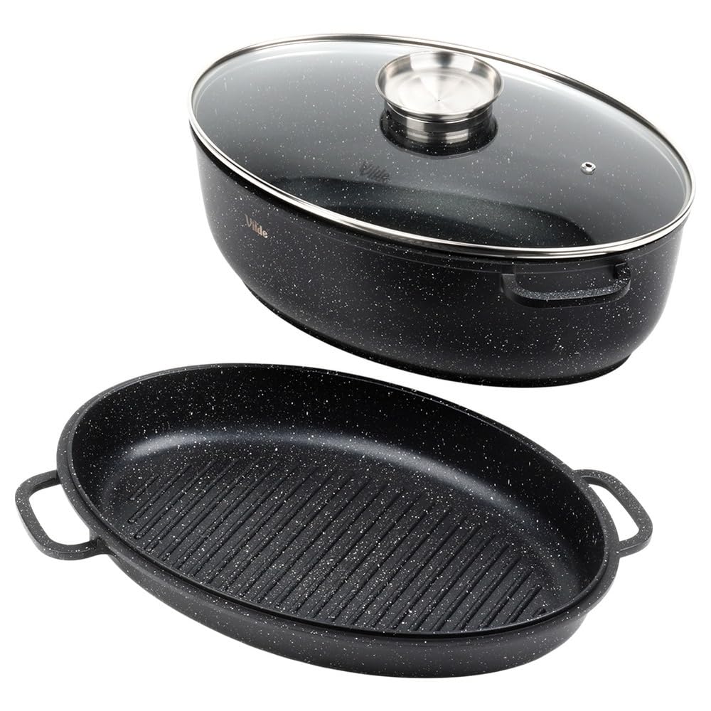 Vilde Granitowa patelnia z pokrywką 39 x 26,5 x 18 cm – brytfanna 8 l + 3,2 l – piekarnik 2 w 1 z grillem – powłoka granitowa, do kuchenek indukcyjnych, gazowych, elektrycznych