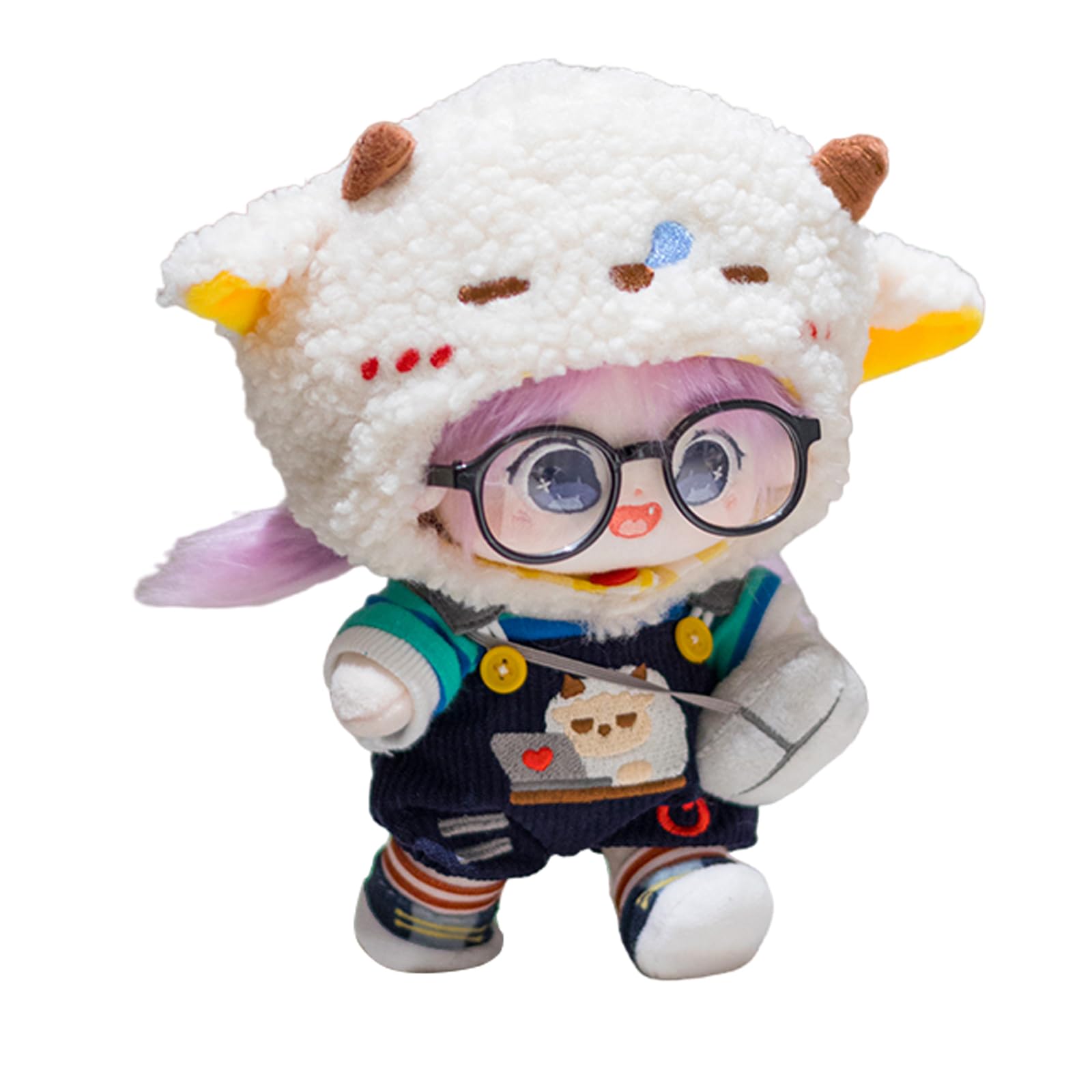 CALEMBOU20cm Plush Doll, Cute Soft Stuffed Dress up Doll with Skeleton, Kawaii Plush Toys for Birthday with Clothes (Amiao + Working Lamb Set)