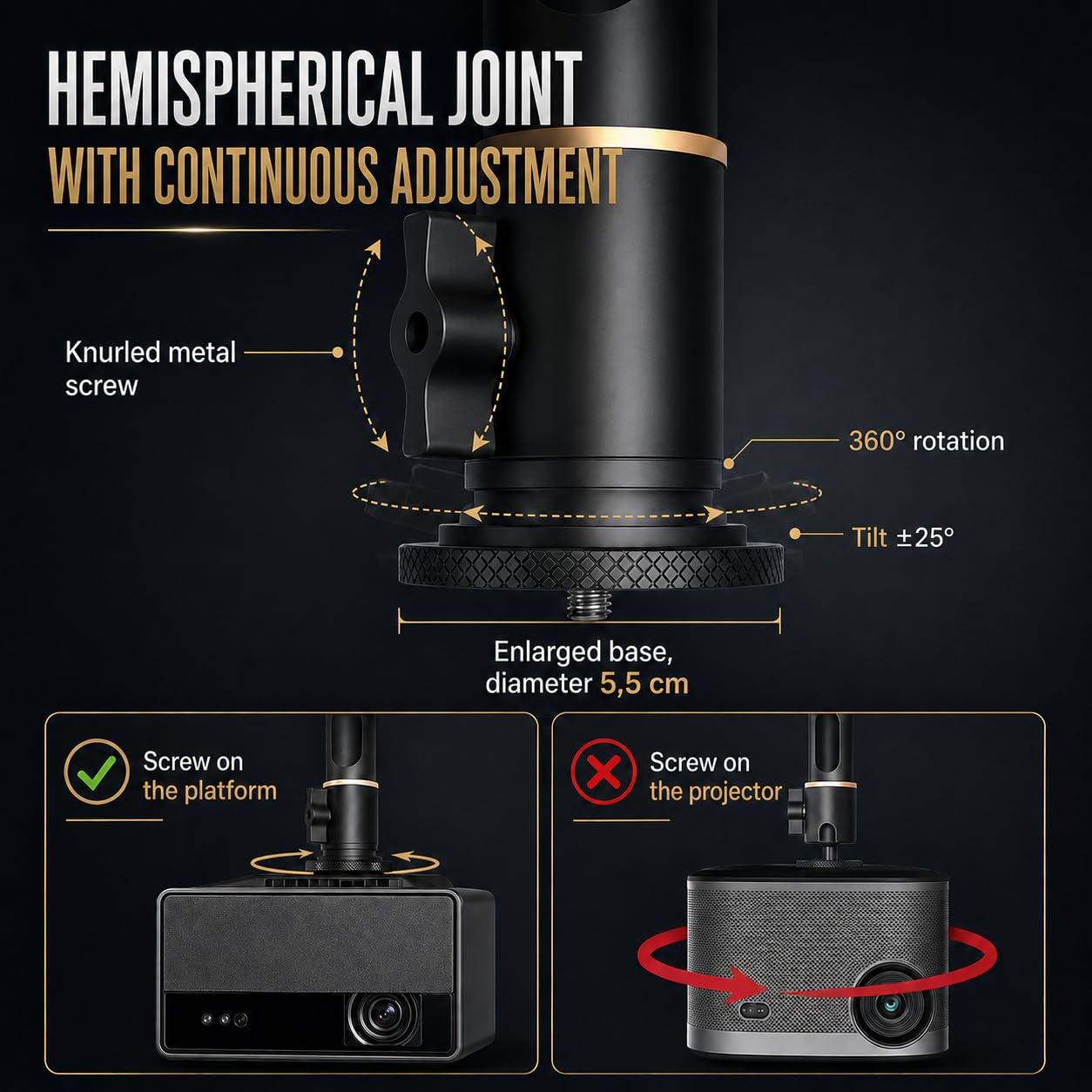 Support de plafond pour projecteur - Compartiment d'alimentation intégré, charge 10 kg, longueur réglable 18-48 cm, articulation semi-sphérique 360°, câble caché
