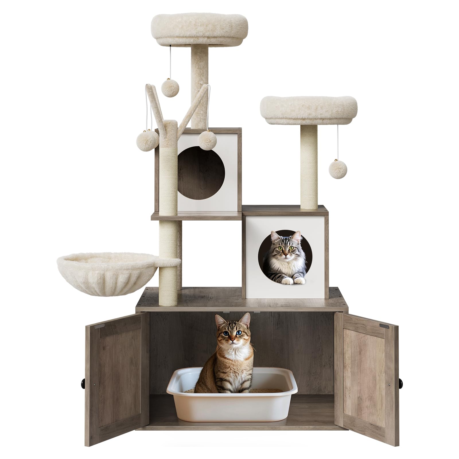 Kratzbaum Groß Mit Katzentoilettengehäuse, Versteckte Katzentoilette Mit Sisal-Kratzbaum Und Weichem Plüschsitzplatz, Aktivitätsbaum, Katzenmöbel Aus Holz Mit Mehreren Plattformen, Grau
