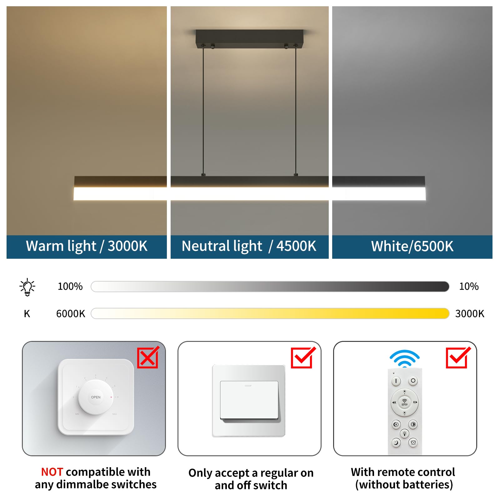 Mikeru Pendelleuchte esszimmer, 32W 80cm Esstischlampe hängend, Kronleuchter Dimmbar Mit Fernbedienung Hängelampe Esstisch, 1-150cm Esszimmerlampe Höhenverstellbar, Esszimmerlampe Schwarz
