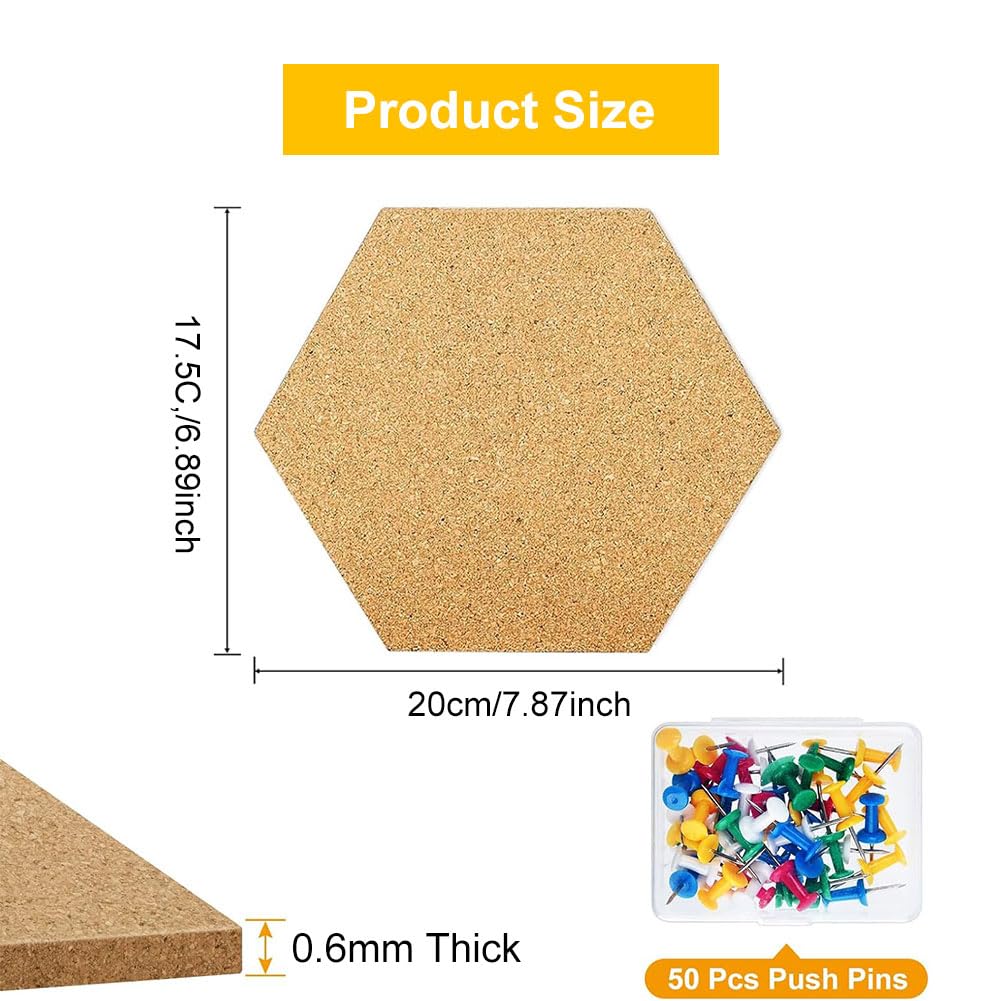 Corcho Pared Autoadhesivo, Pizarra Corcho Hexagonal, Placa Decorativa Hexagonal, Tablón de Anuncios, 5 Piezas Tablones Autoadhesivos con 50 Chinchetas, Placa Decorativa para Colgar Fotos