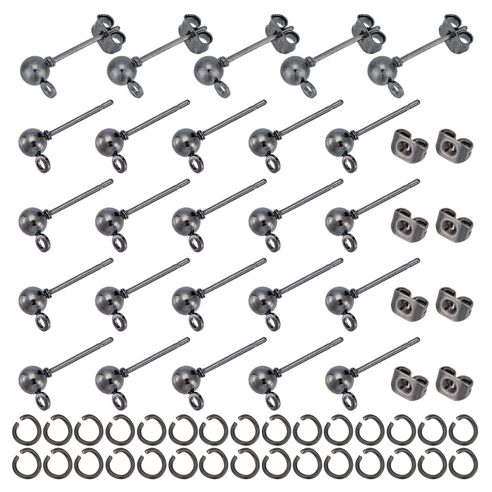 UNICRAFTALE 100 Sets Ball Stud Earring Findings Gunmetal Ball Post Stud Earring Metal Earring Accessories with Jump Rings and Ear Nuts 6.5mm Round Ball Earring for Women Drop Earring Making