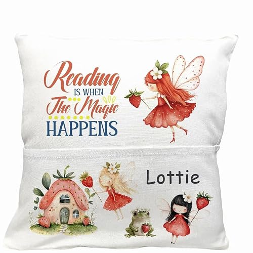 Image of Personalised Fairy Reading Cushion | Custom Pillow for Girls | Strawberry Fairy forest Story Time book holder Nursery Decor 40x40cm junior bedtime item,