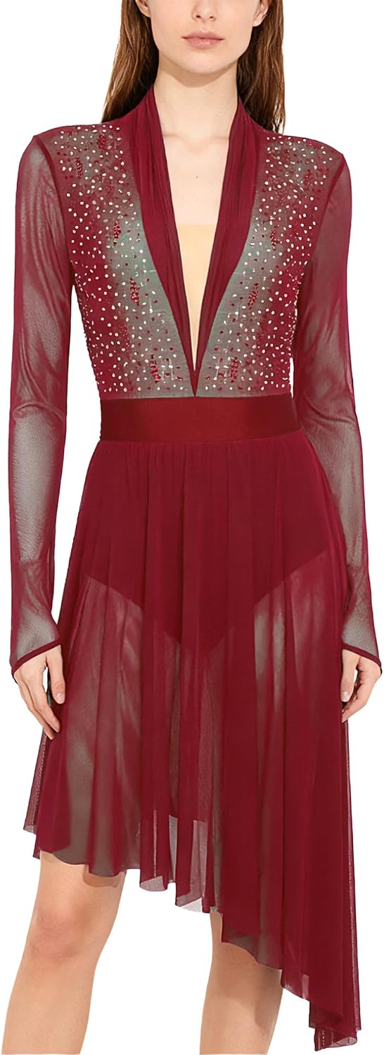 JEATHA Women Ballroom Dance Dress Long Sleeves Sparkly Modern Lyrical Contemporary Dance Costume Ballet Leotard