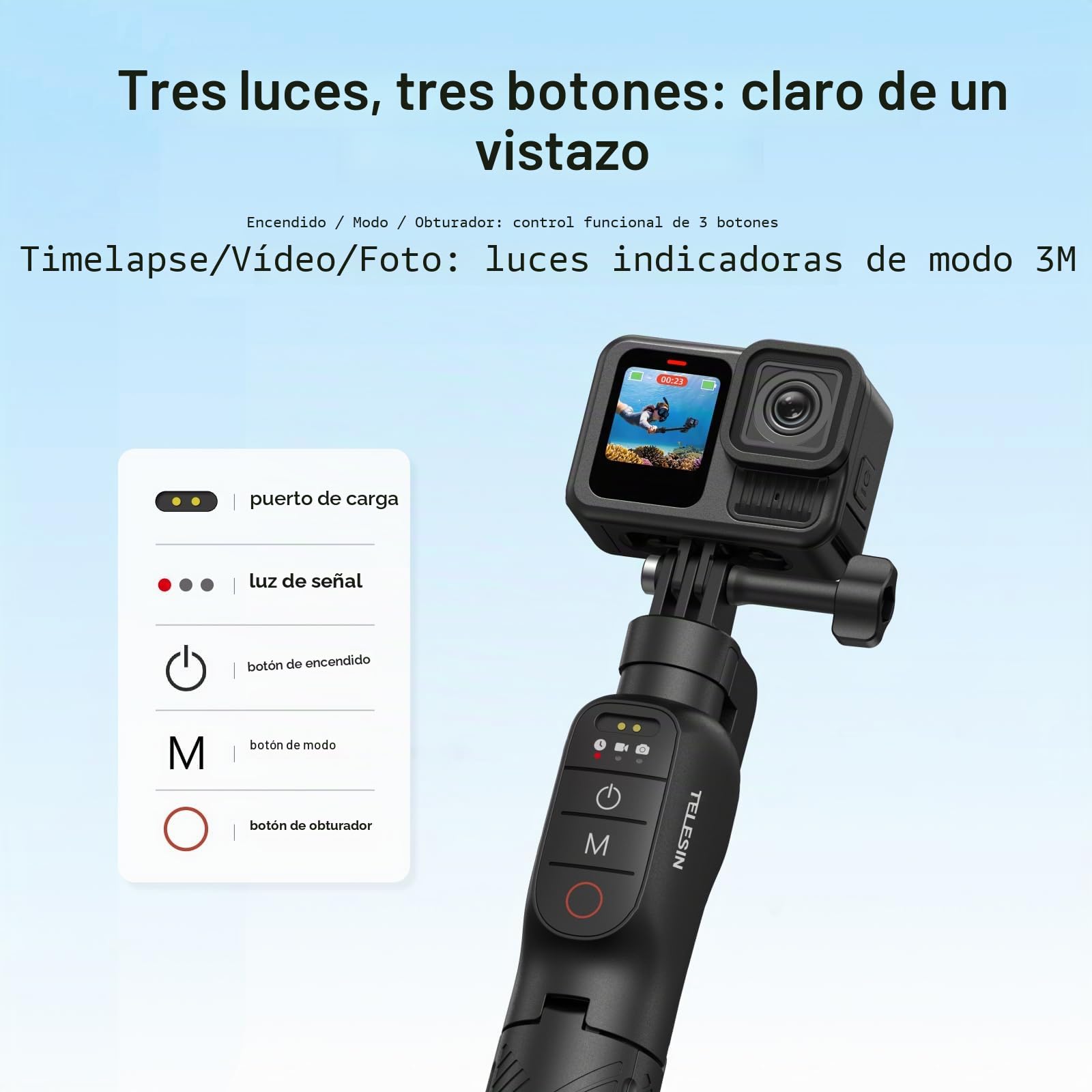 Trípode para Selfie con empuñadura Flotante, Impermeable, Extensible, monopié para Selfie con Control Remoto Bluetooth para cámaras de acción Go Pro Hero 13,12,11,10,9,8 Black