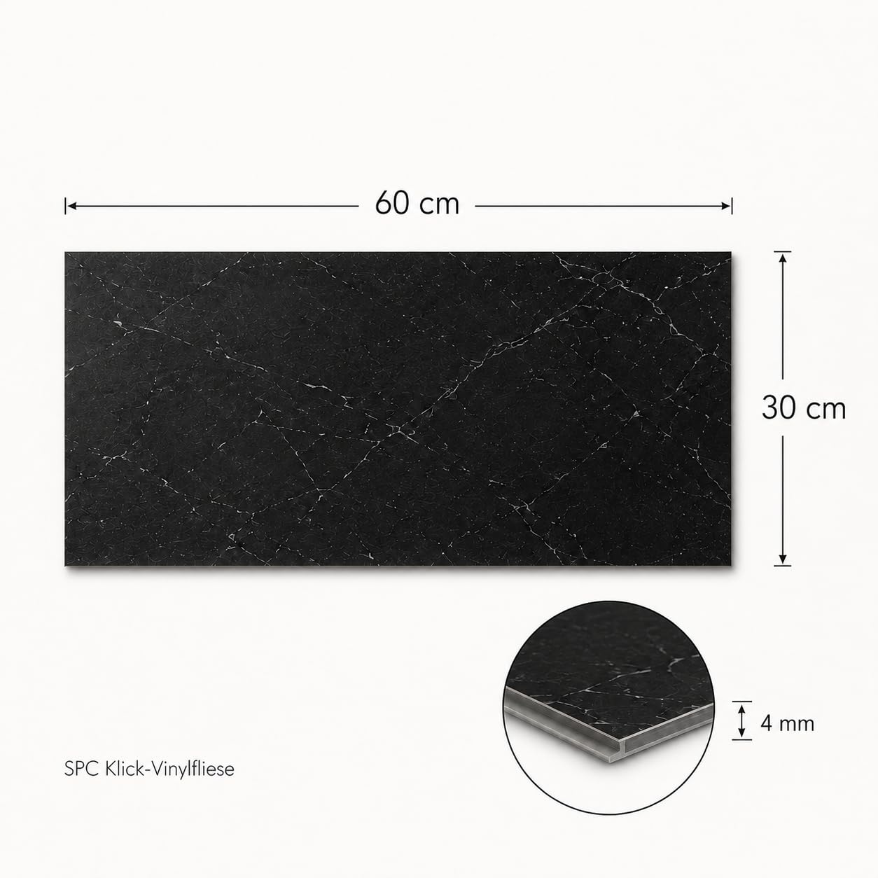 SPC Klick Revêtement de sol en vinyle imperméable 4 mm 60 x 30 cm 12 carreaux 2,16 m² Revêtement de sol intérieur Marbre noir 1 m²