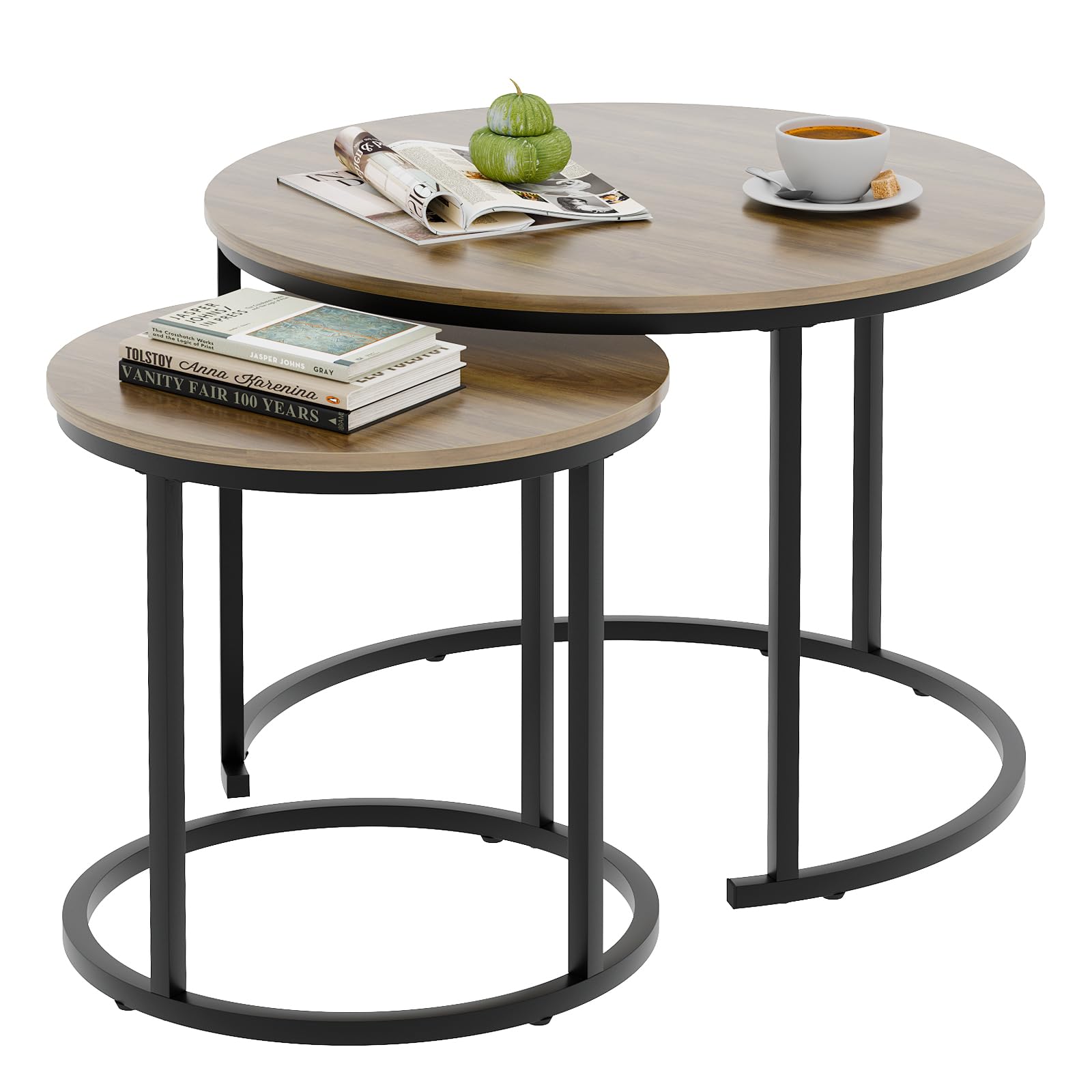 aboxoo Coffee Table Nesting Side Round Table Set of 2 End Table with Sturdy Metal Frame for Living Room Bedroom Apartment Modern Industrial Simple Nightstand,Oak 4