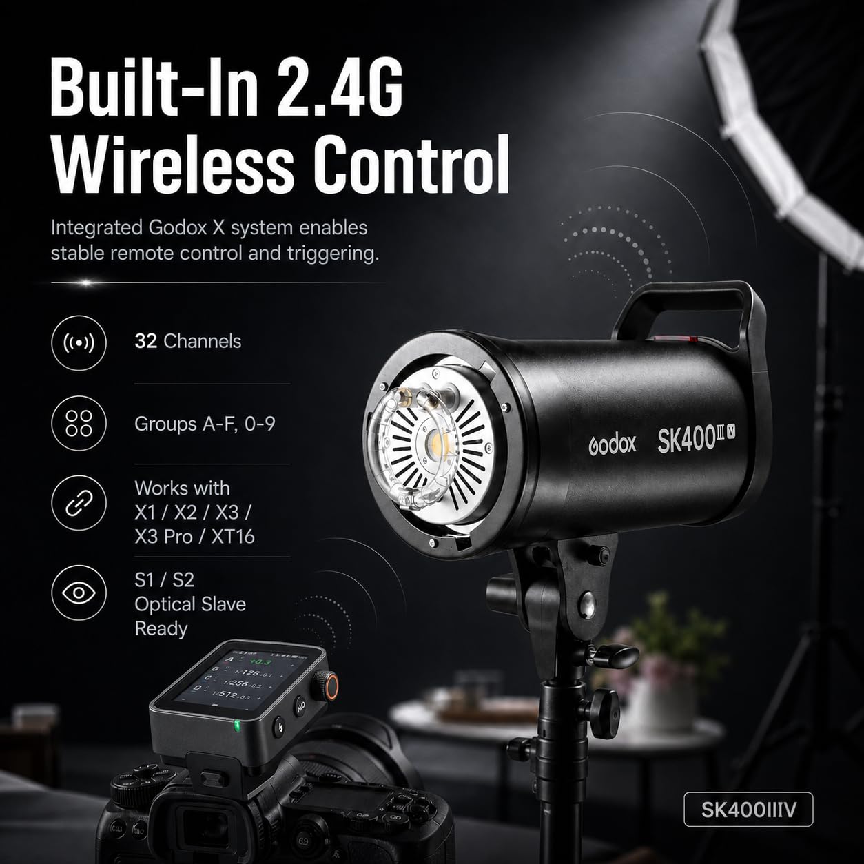 Godox SK400III-V Flash da Studio 400Ws con Riflettore Standard, GN65 5700K Strobo Professionale con Lampada Modellante LED 10W, Riciclo 0.1-1.5s, Sistema X Wireless 2.4G Integrato e Attacco Bowens