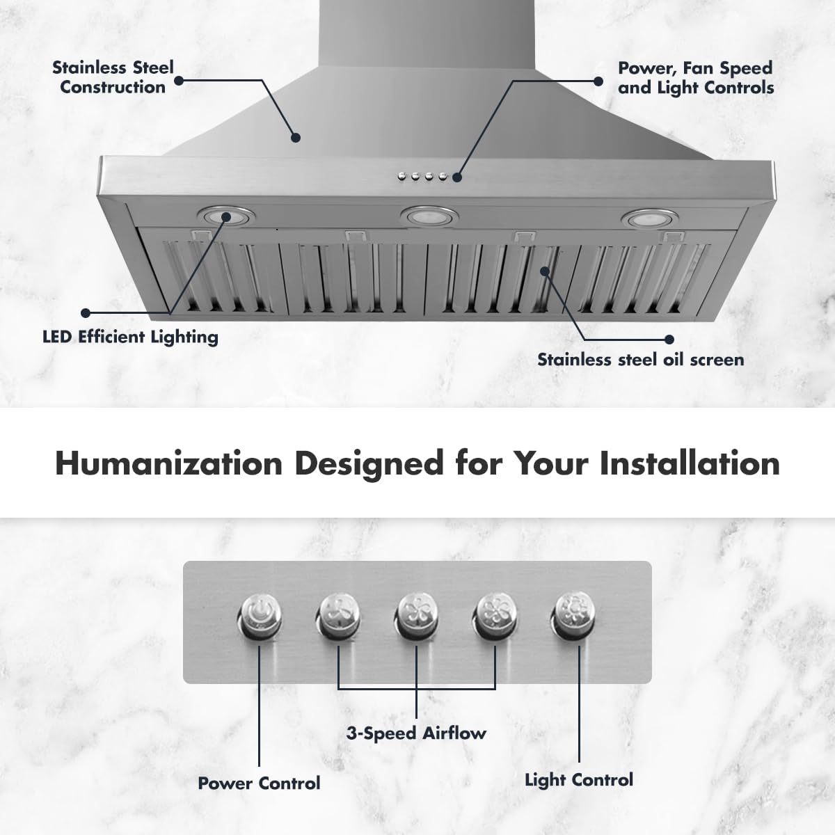 Upgraded 48 inch Wall Mount Range Hood Vent Convertible Dual Motors 1500CFM Stainless Steel for Kitchen 3 Speed Exhaust Fan ETL listed (Upgraded Dual Motors)