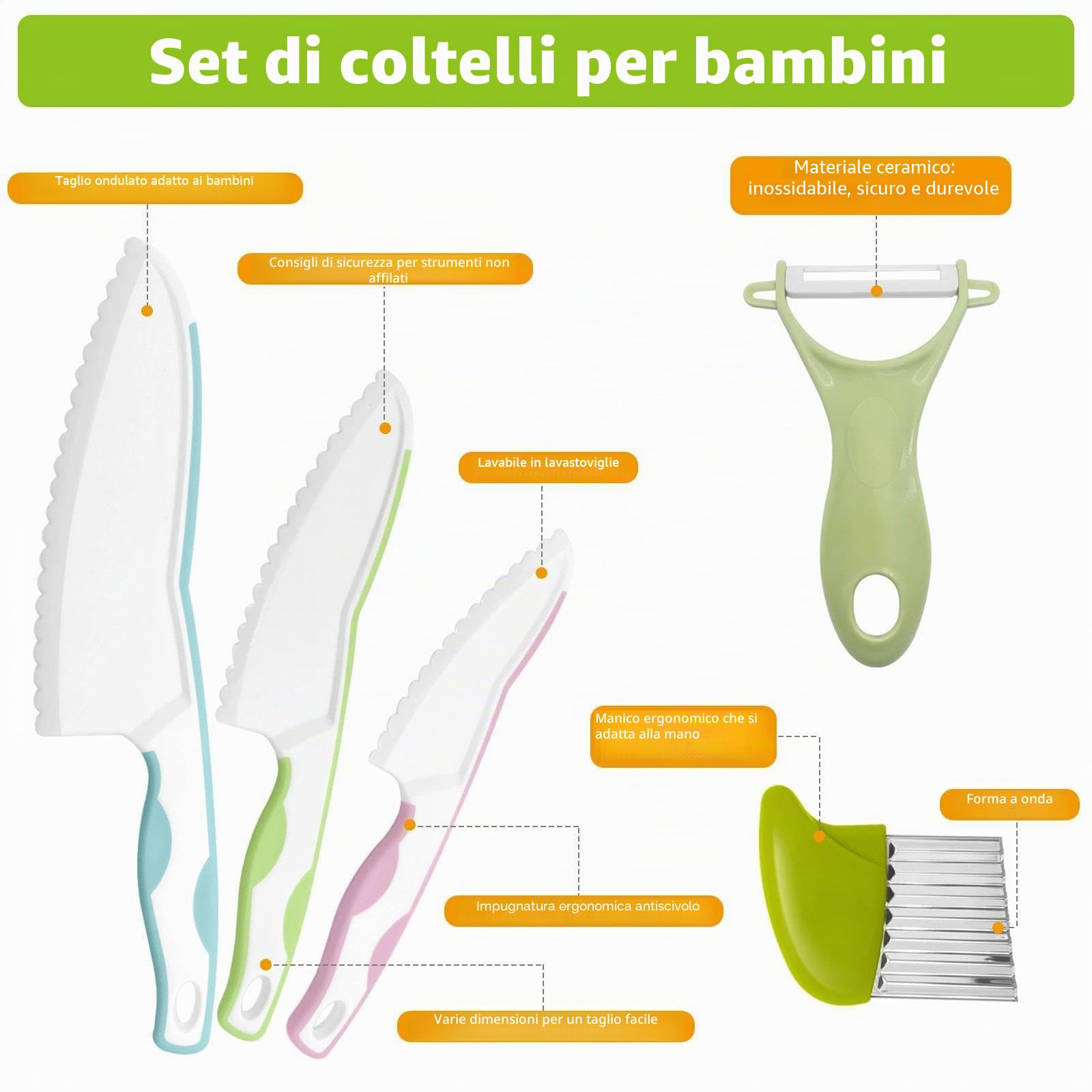 Set di Coltello da Cucina per Bambini - 5 Pezzi Coltelli di Sicurezza per Bambini, Reale Set Cucina per Tagliare Frutta e Verdura, Ideale per Cucina in Casa