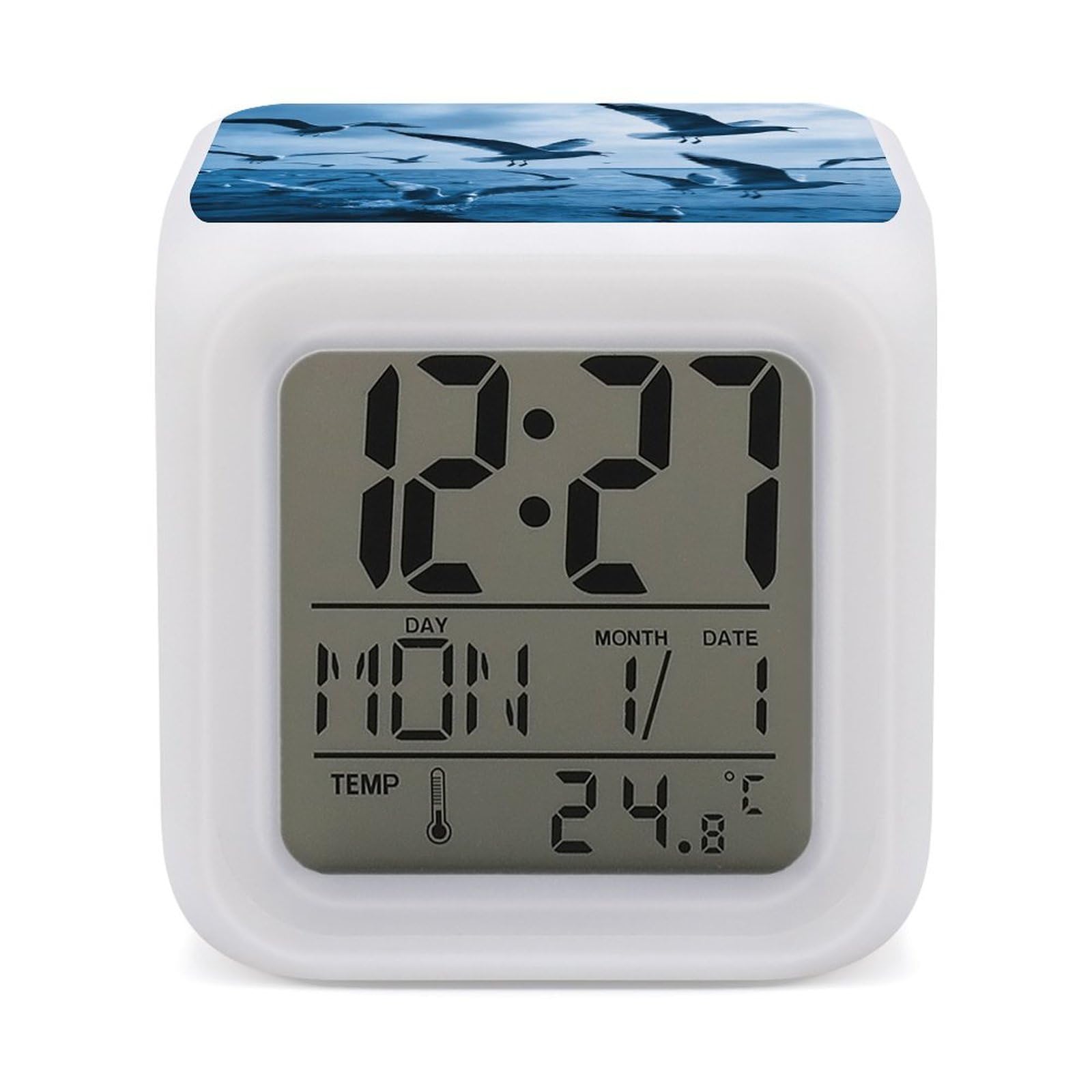 LZQPOEAS Flocks of Seagulls Follow The Wind. Alarm Clock with 7 Color Changing Nightlight for Bedroom Calendar Temperature Display Wake Up Digital Clock Small Desk Clocks for Heavy Sleepers Adults