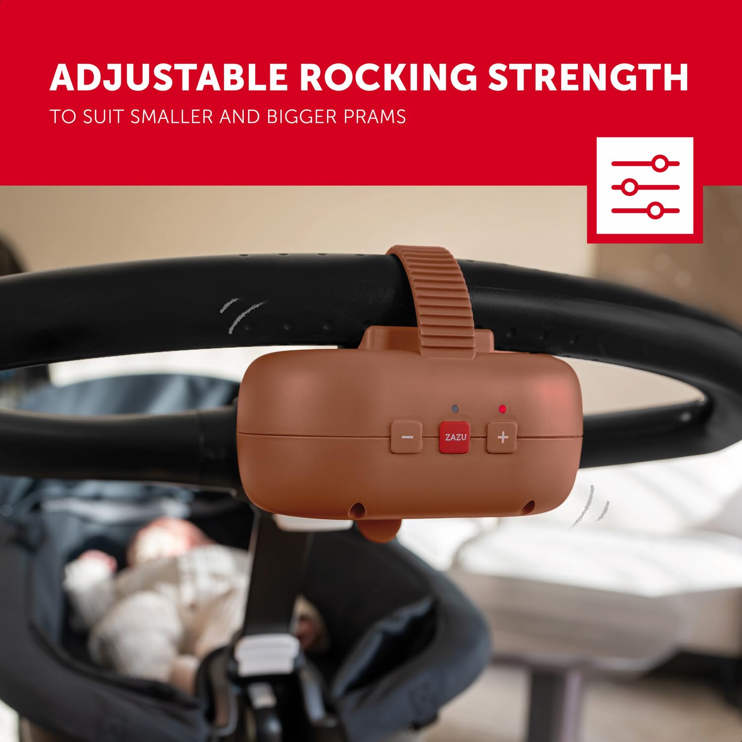 ZAZU Robby Balancín Automático para bebé: ajustable, temporizador de 40 min, sensor de llanto, batería recargable USB, resistente al agua, diseño universal para cochecitos y buggies (Marrón)
