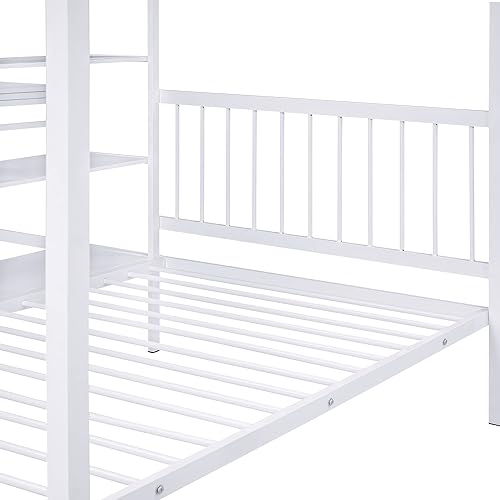 Miniatura 150 de Litera en forma de L individual sobre cama matrimonial adjunta, litera triple de metal con escritorio y tobogán integrados, marco de literas de