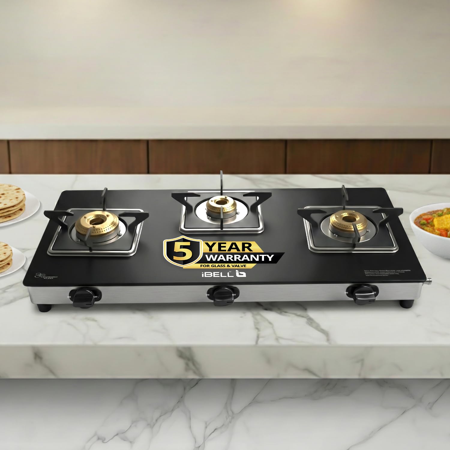 iBELL 8413 Star 3-Burner Gas Stove – Premium Model with a Low gas consumption, Stylish Square Design, Durable 7 mm Toughened Glass Top, Spacious Body (77 x 38 x 5 cm), Manual Ignition (Black)