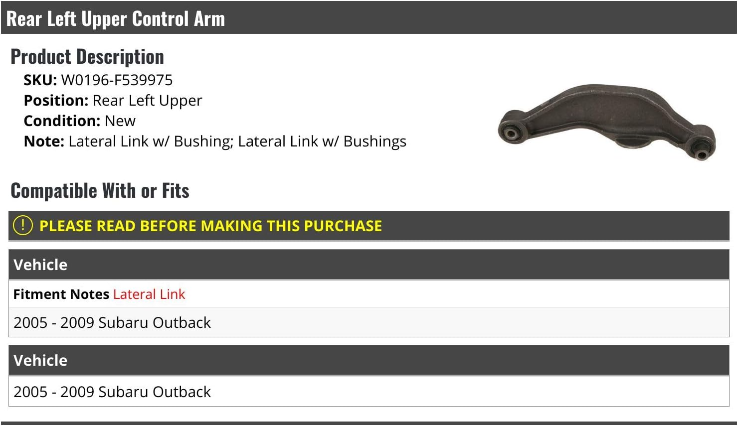 Marketplace Auto Parts Rear Left Driver Side Upper Control Arm Lateral Link with Bushing - Compatible with 2005-2009 Subaru Outback
