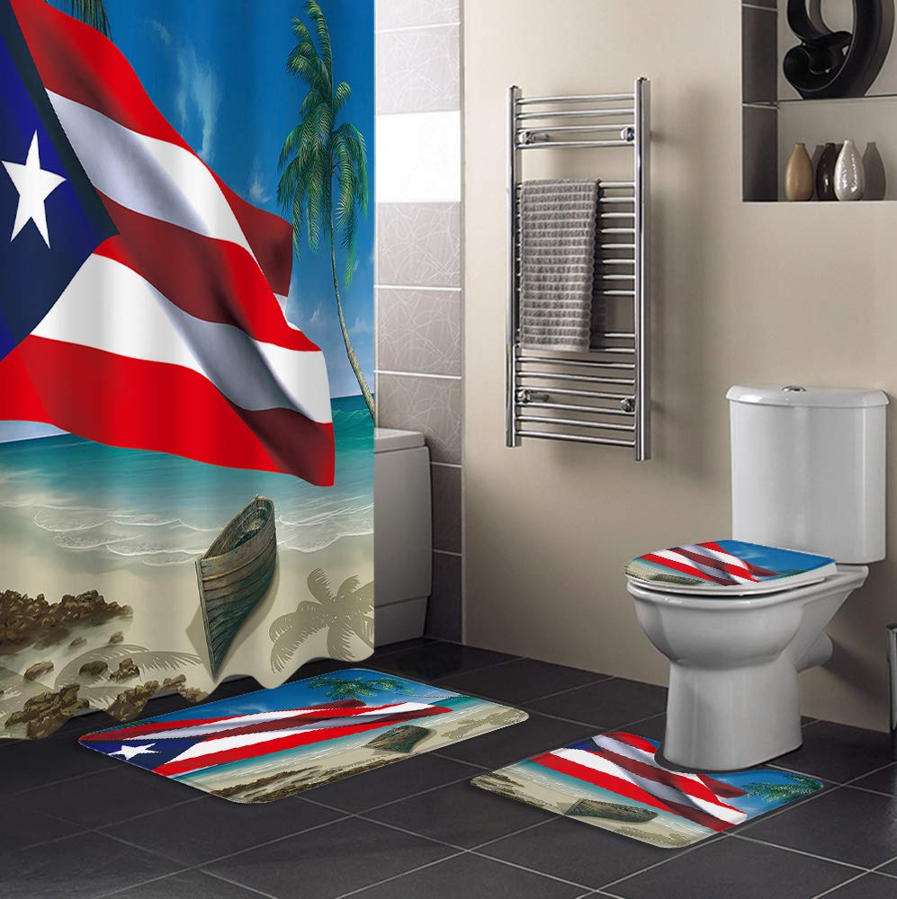 4 Piece Shower Curtains with Mat Set, The Puerto Rican Flag Flies on the Summer Beach Non Slip Bath Mat, Counter Mat, Lid Cover Bathtub Curtain with Hooks (Including 72x72 Inch Curtain Small Rugs Set)