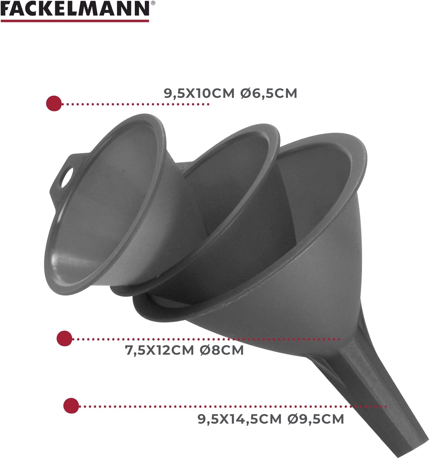 Three funnels with their approximate dimensions in centimeters: 9.5x10cm Ø6.5cm, 7.5x12cm Ø8cm, 9.5x14.5cm Ø9.5cm.