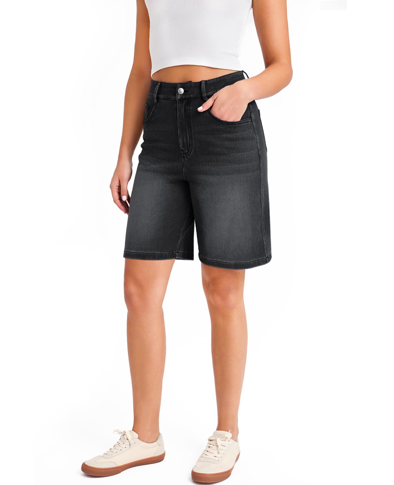 LaiEr Damen High Waist Bermuda Denim Shorts mit Reißverschluss und Knopf,Knielang,Hochelastische Jeans Shorts,Weich und Bequem,Geeignet für Sport,Freizeit,Fitness,Yoga und den Alltag.