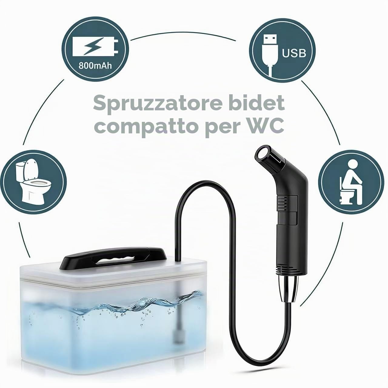 COSWE Bidet Portatile da Viaggio Elettrico Ricaricabile, Bidet Personale Portatile con Spruzzatore per Igiene e Pulizia del WC con Contenitore Acqua da 2,3 Litri (Nero), LIUW_JP2201