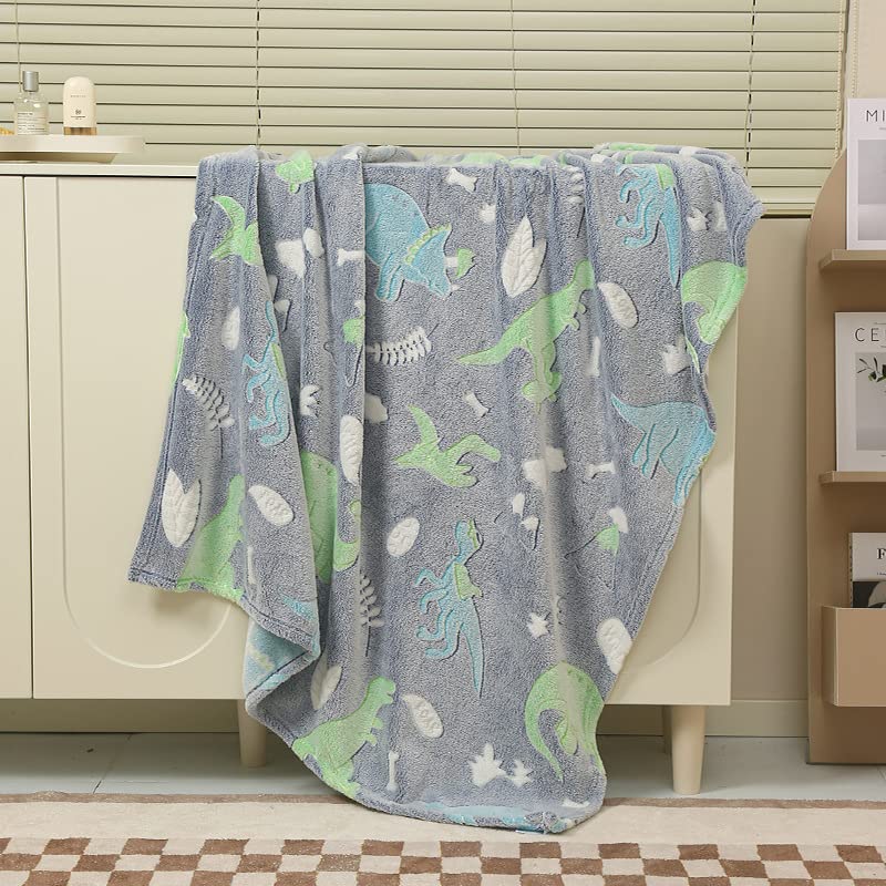 LGQHCE Manta Infantil, Manta de Franela Invierno Suave y Acogedora Dinosaurios Polar Brillante en la Oscuridad para Niños y Niñas,Manta Cubrecama Multiuso 100 x 150cm