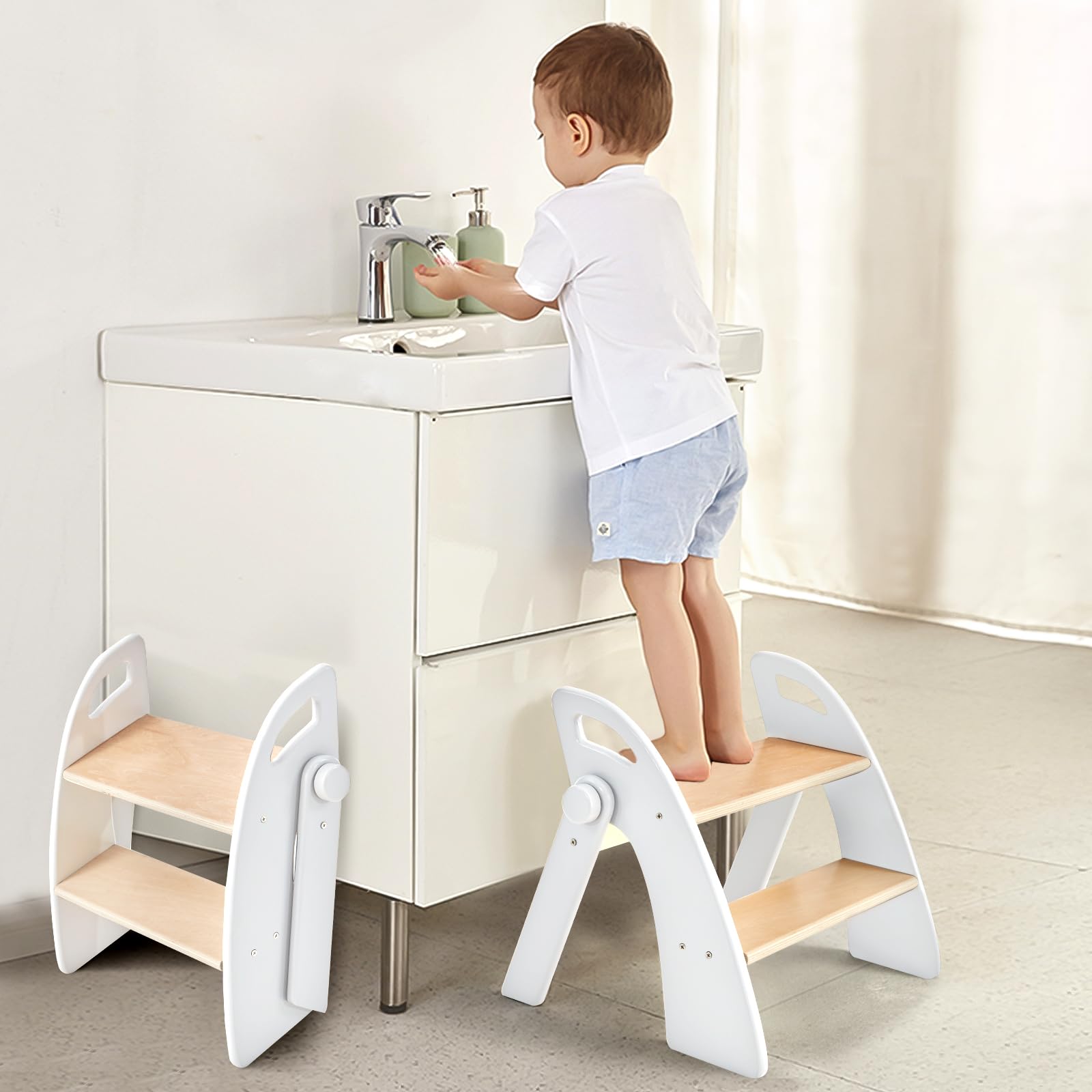 Wooden 2 Step Stool for Kids Bathroom Sink Foldable Anti-Slip 2-Step for Toilet Potty Training Child Stepping Stool