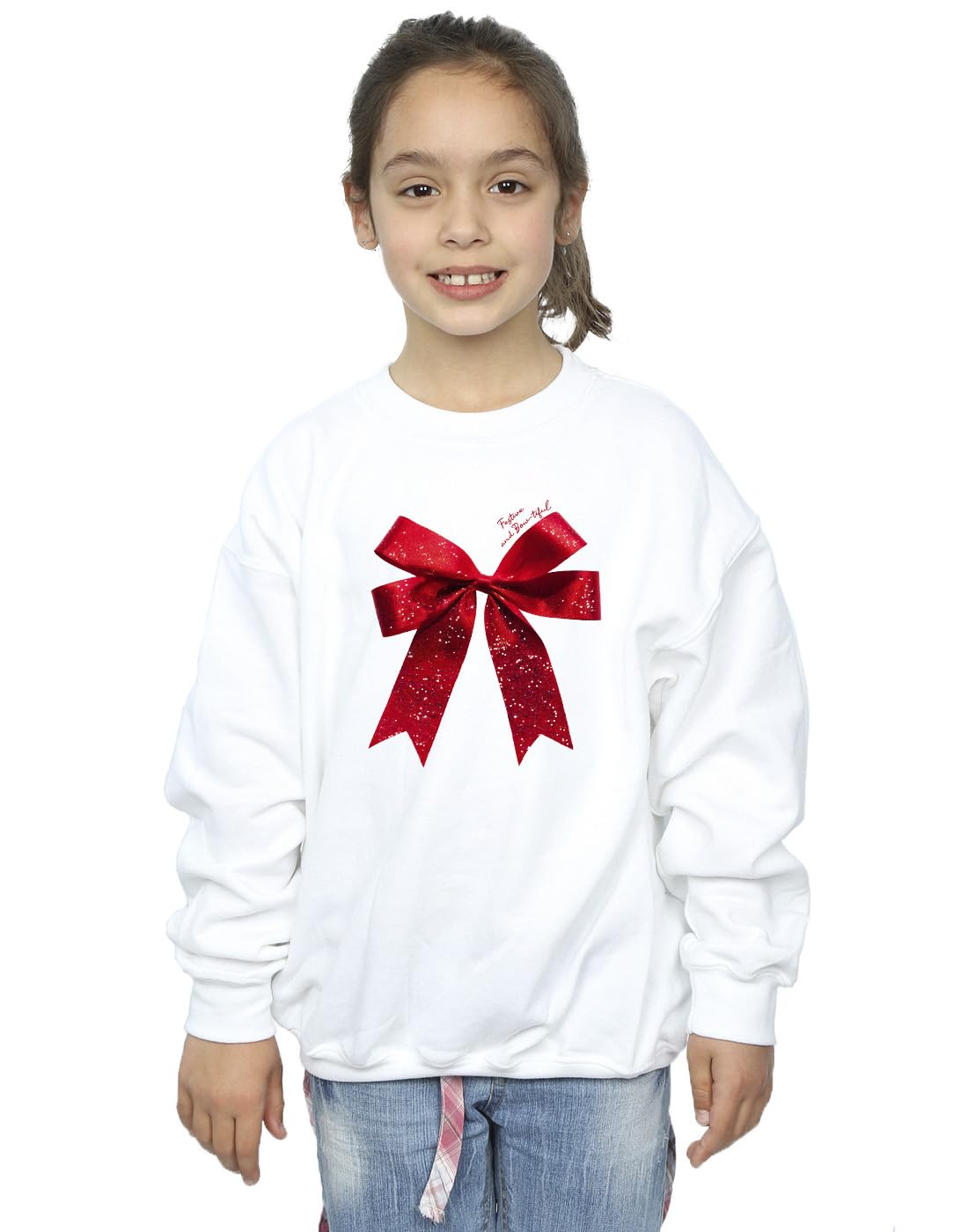 Absolute Cult Christmas Girls Red Bow Sweatshirt White 9-11 Years