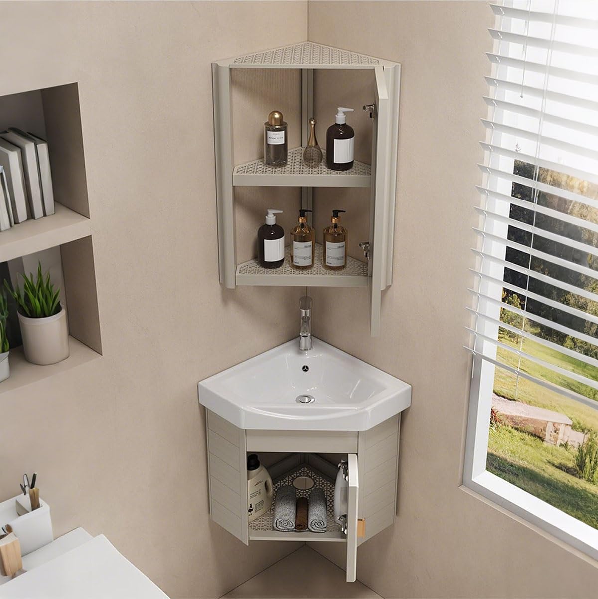 Fregadero esquinero compacto de cerámica blanca, montado en la pared, ahorra espacio, para baños pequeños y apartamentos, diseño de 48 cm para espacios limitados, accesorio de baño moderno